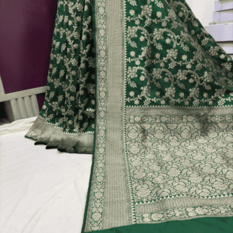green pure katan silk Banarasi handloom cutwork jaal sarees