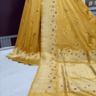 yellow pure katan silk banarasi handloom handwoven sarees 