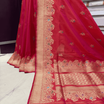 double shade orang rani pink pure katan silk banarasi handloom handwoven sarees