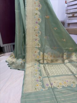 light green Pure Katan Silk Banarasi Handwoven Saree