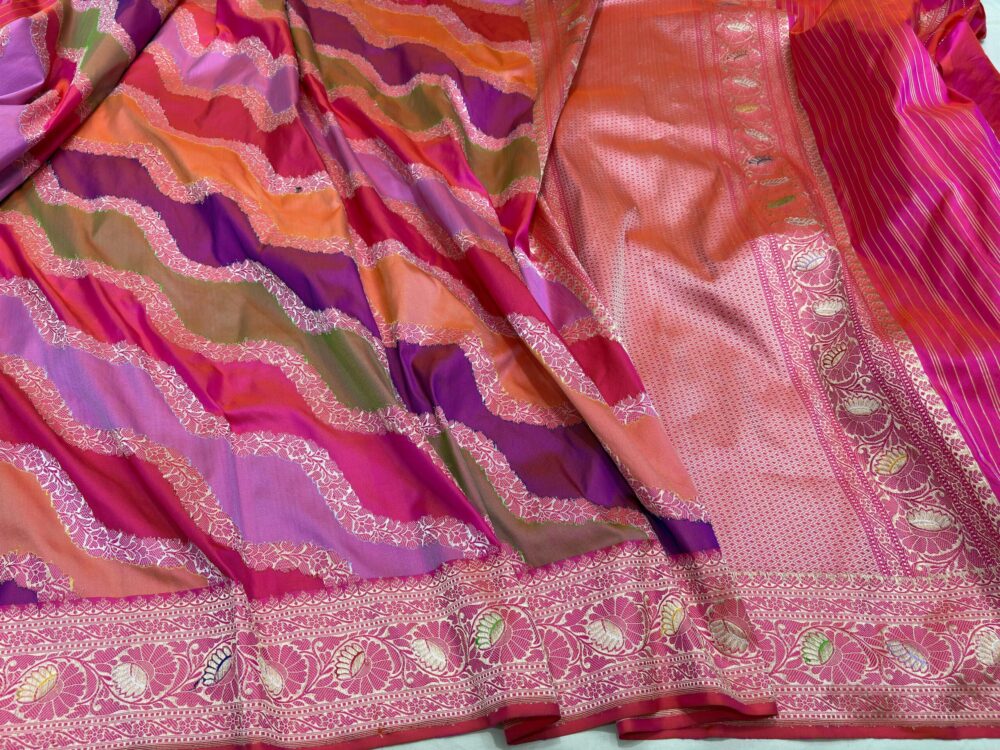 Double shade orang rani pink pure katan silk banarasi handloom handwoven rangkat sarees - Image 3