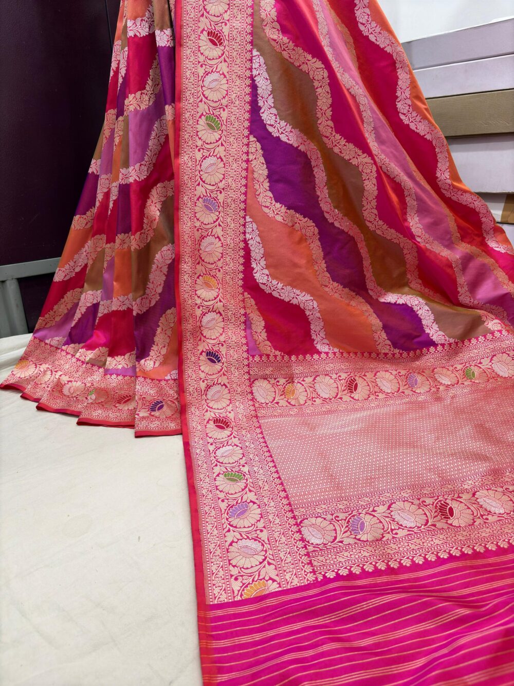 Double shade orang rani pink pure katan silk banarasi handloom handwoven rangkat sarees