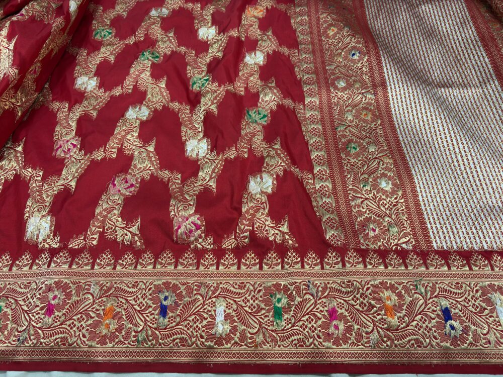 blood red pure katan silk banarasi handloom handwoven kadhwa jangla sarees - Image 3