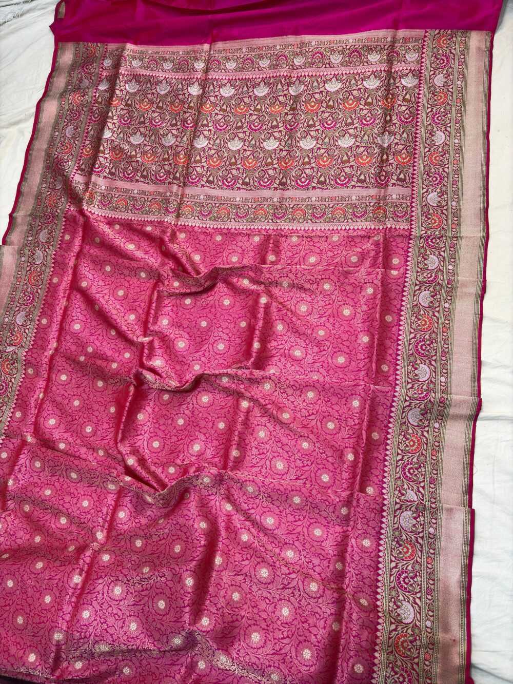 rani pink pure katan silk banarasi handloom handwoven cutwork brocade sarees - Image 2