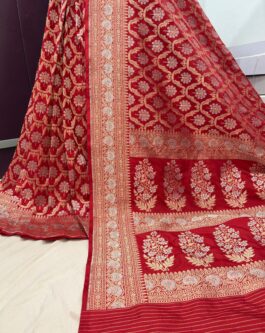 red pure katan silk Banarasi handloom cutwork jaal sarees