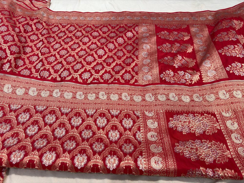 red pure katan silk Banarasi handloom cutwork jaal sarees - Image 3