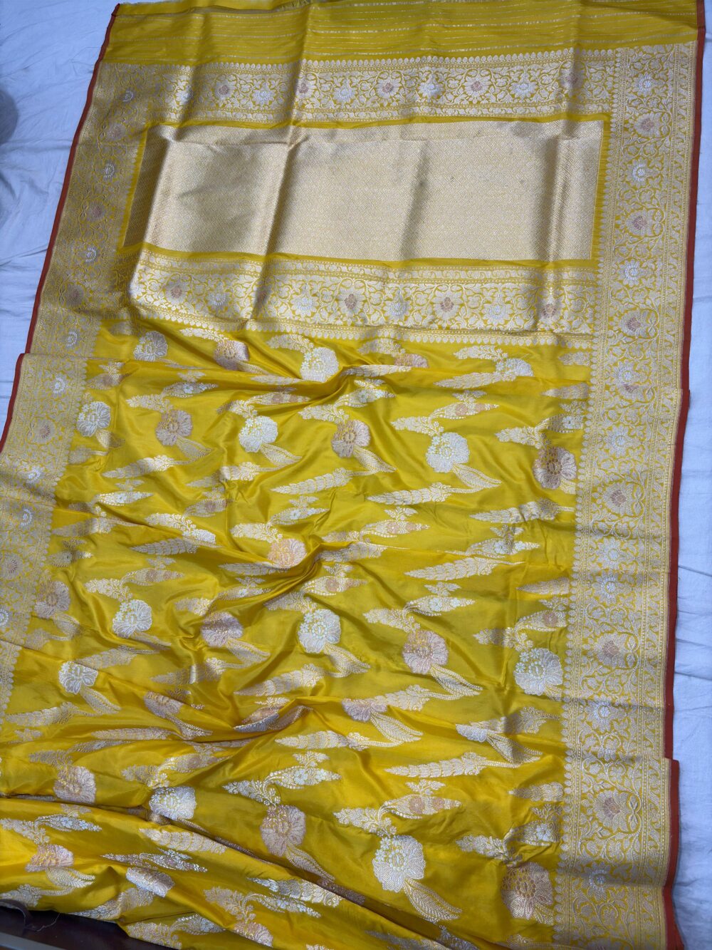 yellow gold pure katan silk banarasi handloom hanwoven kadhwa jangla sarees - Image 2