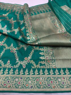 emerald green pure katan silk banarasi handloom handwoven kadhwa jangla sarees