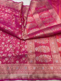 orang pink pure katan silk banarasi handloom handwoven cutwork jaal sarees