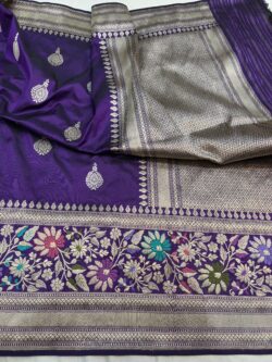 purple pure katan silk banarasi handloom handwoven skart bowder sarees