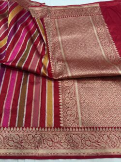 red pure katan silk banarasi handloom handwoven multi stripe rangkat sarees