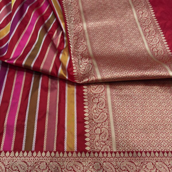 red pure katan silk banarasi handloom handwoven multi stripe rangkat sarees