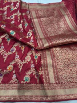 deep red pure katan silk banarasi handloom handwoven kadhwa jangla sarees