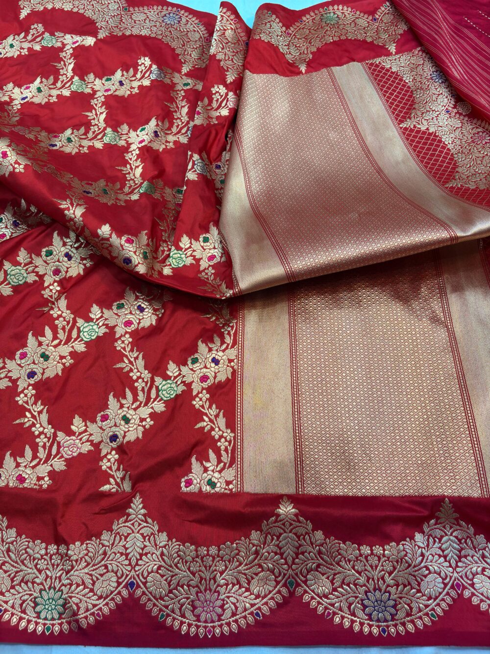 red pure katan silk banarasi handloom handwoven kadhwa jangla sarees