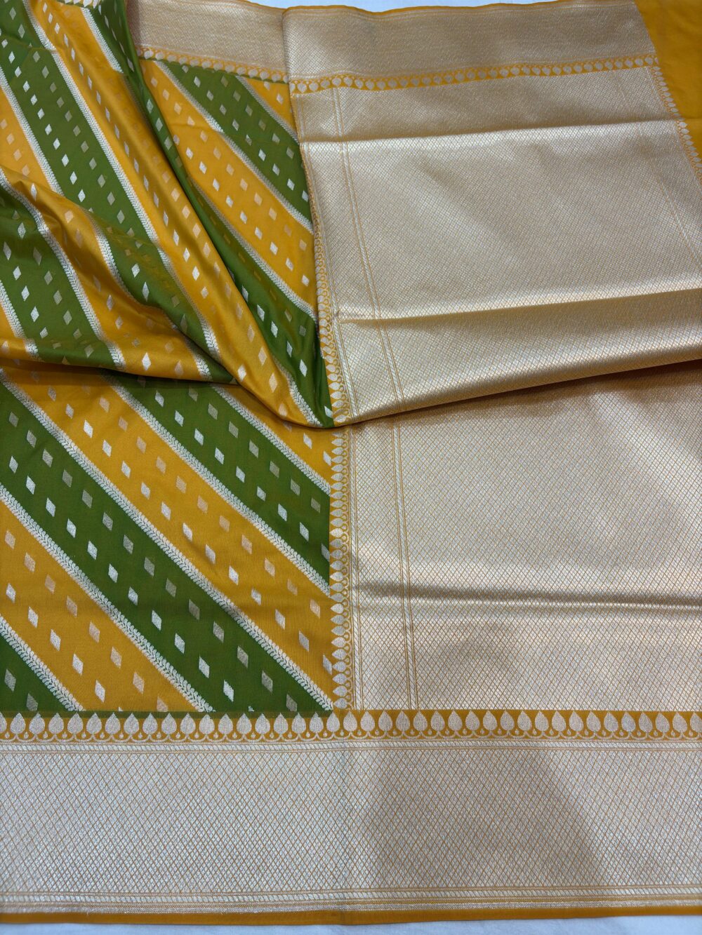 musatrd yellow rangkat katan silk banarasi sarees