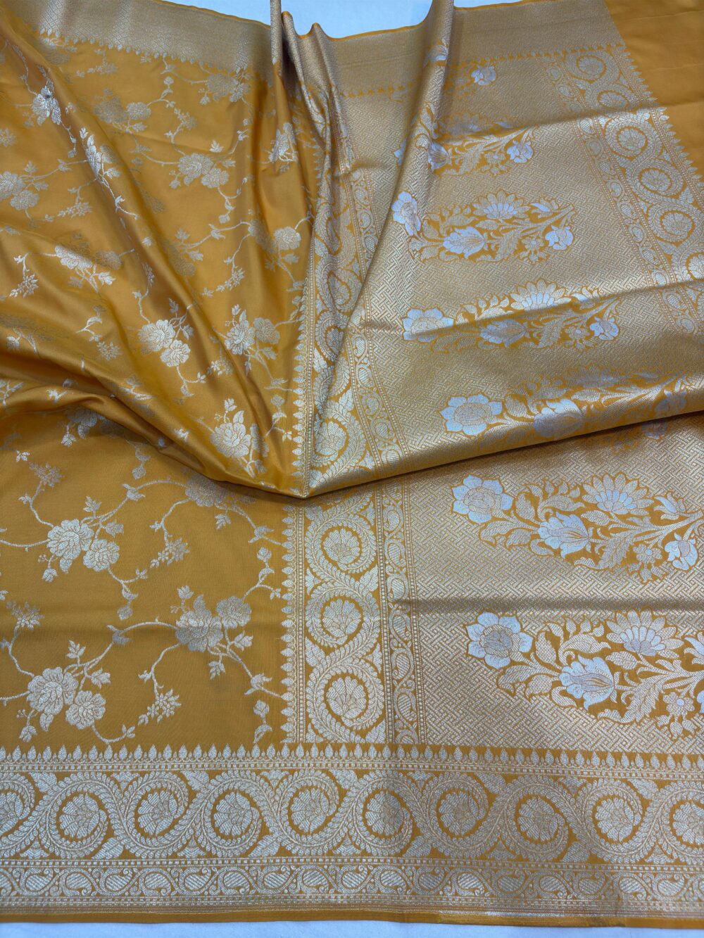 mustard gold katan silk banarasi jaal sarees
