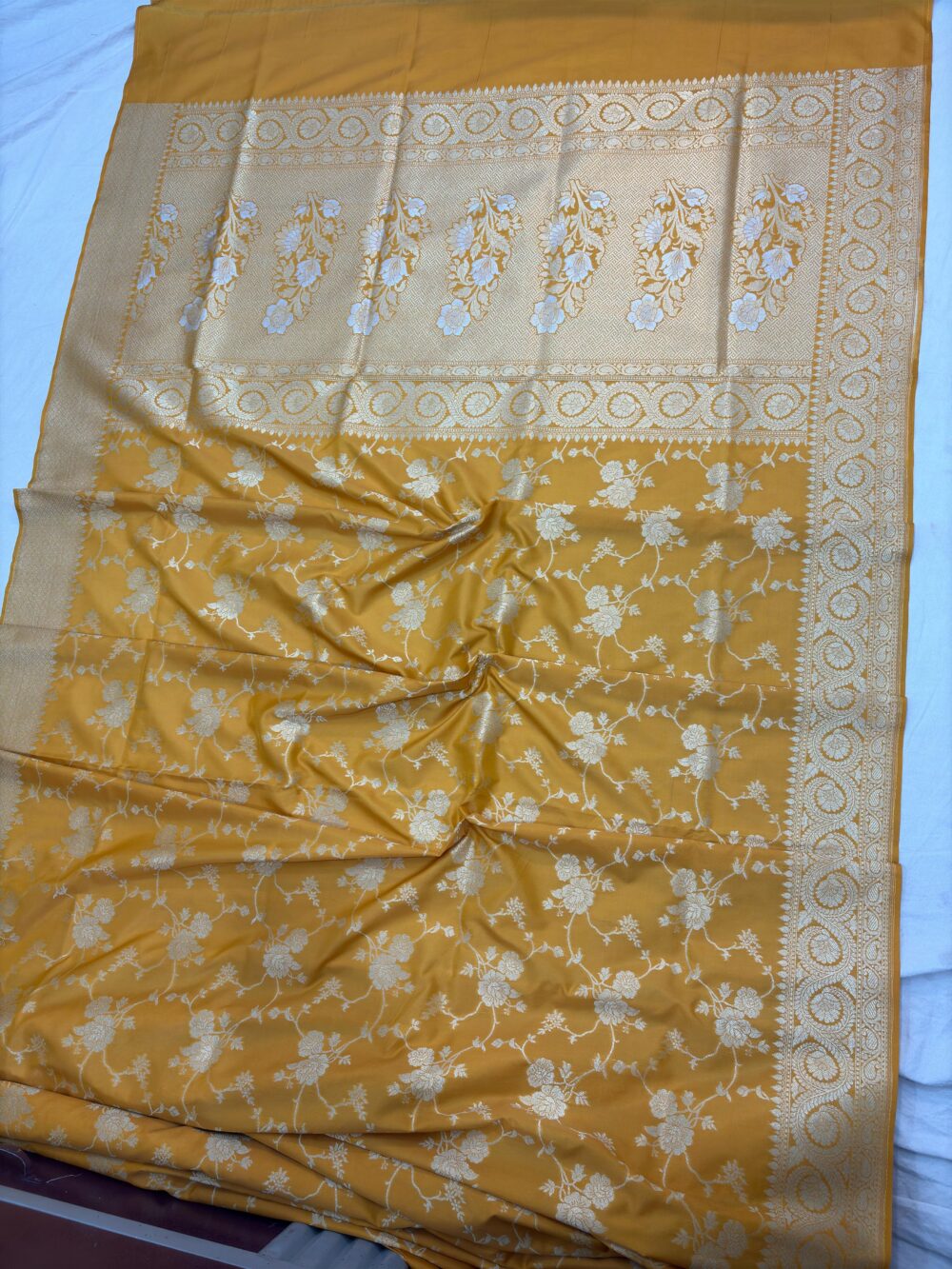 mustard gold katan silk banarasi jaal sarees - Image 2