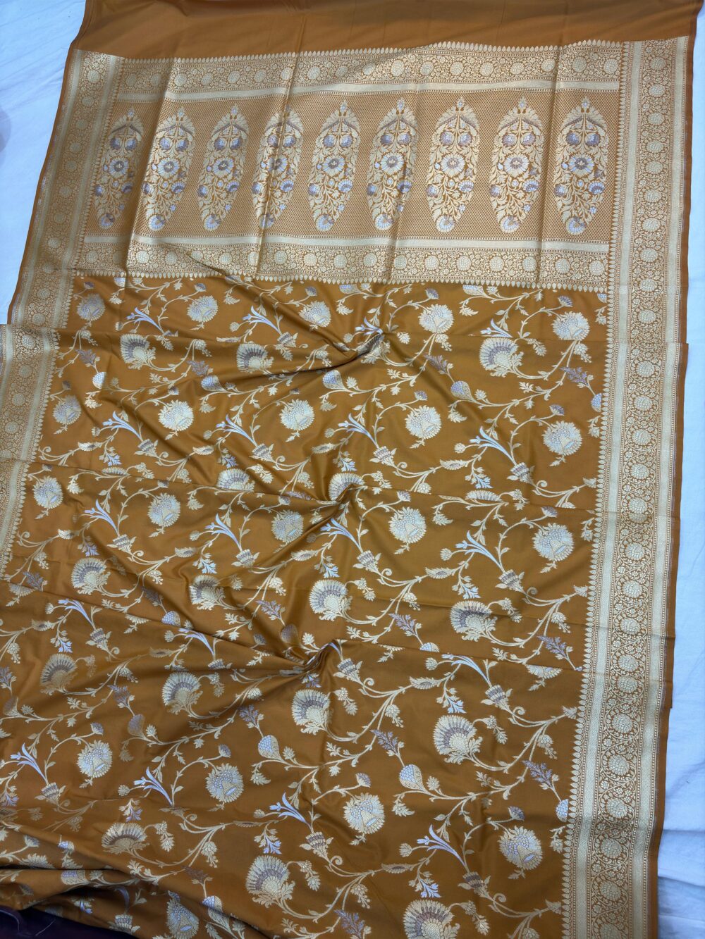 musterd yello katan silk banarasi sona rupa antiq jaal sarees - Image 2