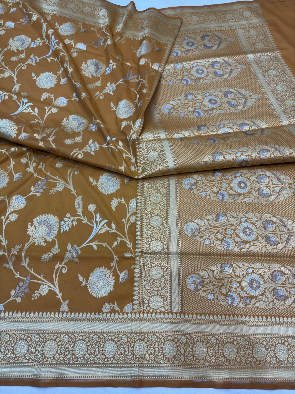 musterd yello katan silk banarasi sona rupa antiq jaal sarees