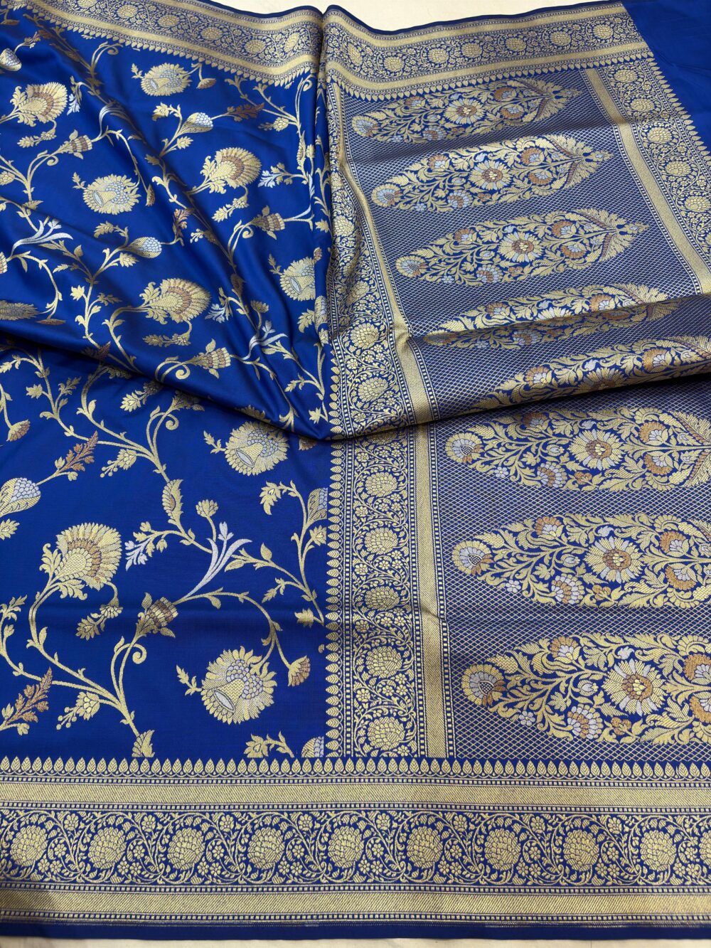 royal blue katan silk banarasi sona rupa antiq jaal sarees