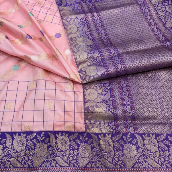 peach with purple contorast kadhyal pure katan silk banarasi handloom handwoven ektara sarees