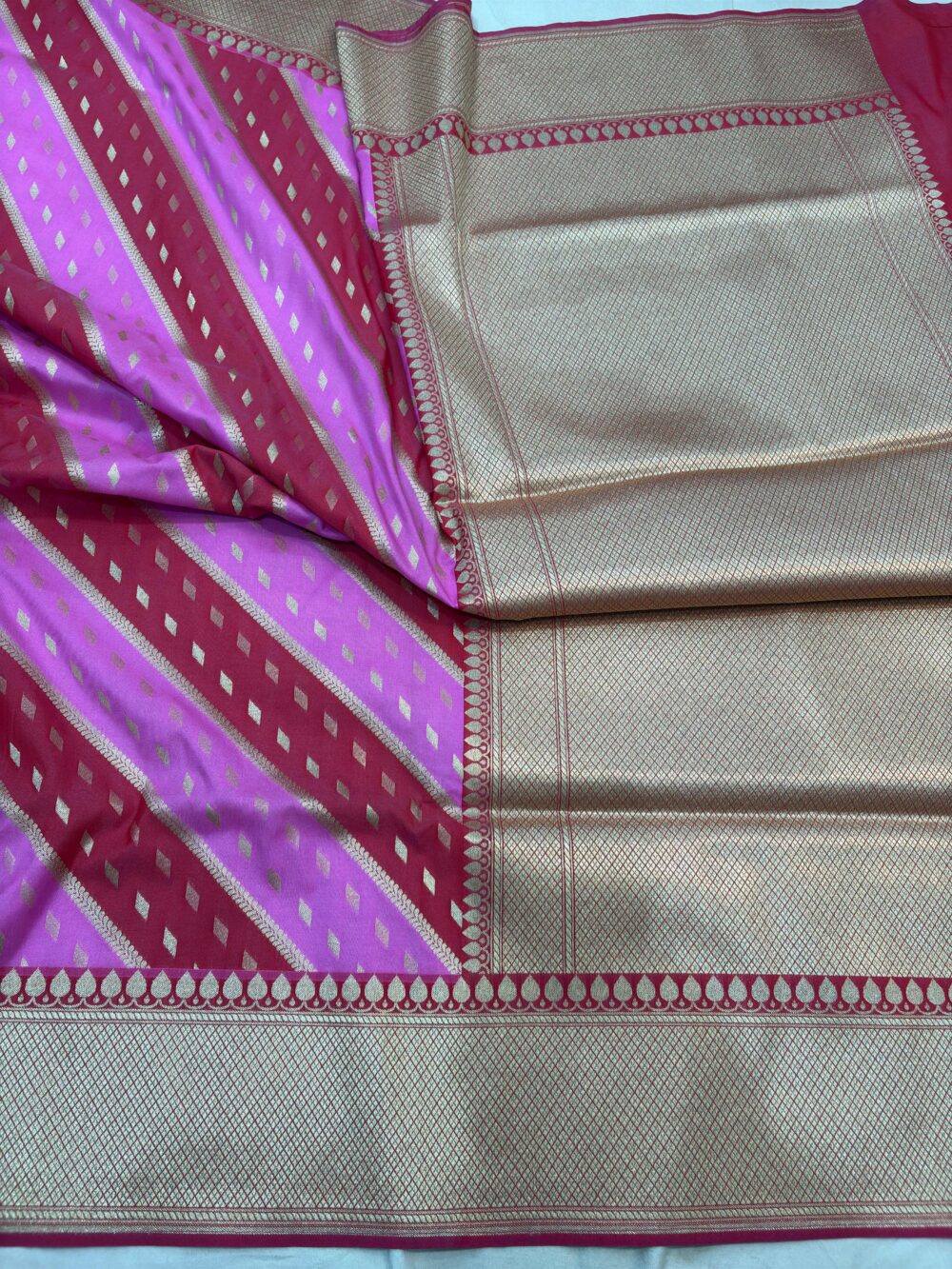 red with pink rangkat katan silk banarasi sarees