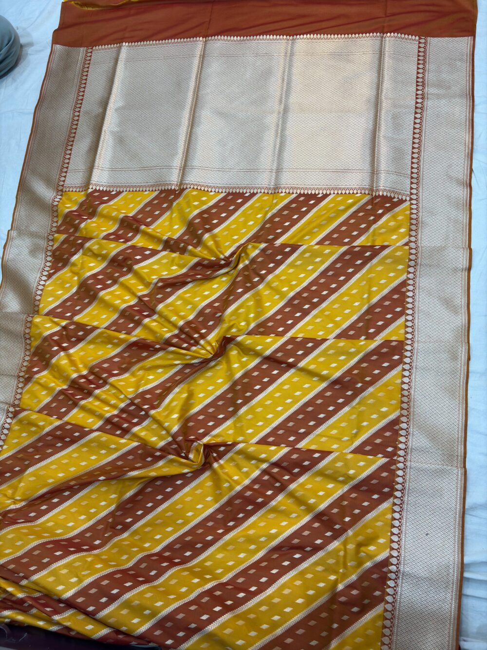 orange with yellow rangkat katan silk banarasi sarees - Image 2