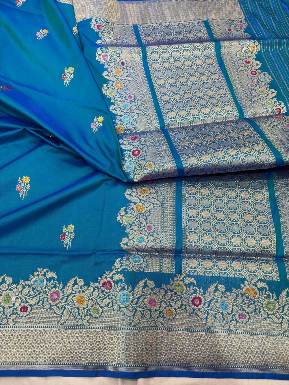 peacok blue pure katan silk banarasi handloom handwoven kadhwa sarees