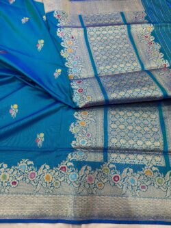 peacok blue pure katan silk banarasi handloom handwoven kadhwa sarees