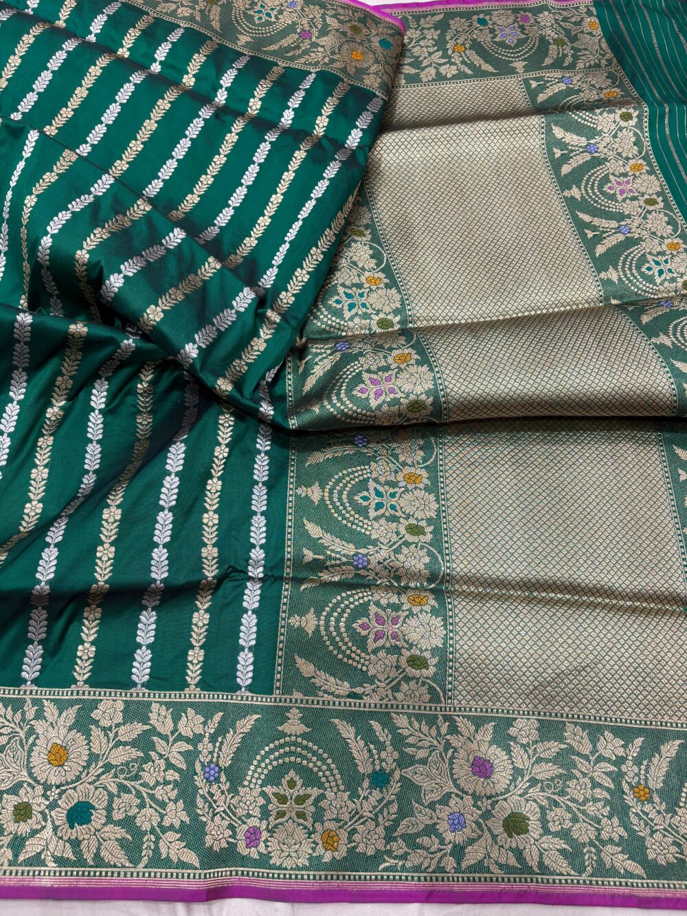 green pure katan silk banarasi handloom handwoven kadhwa sarees