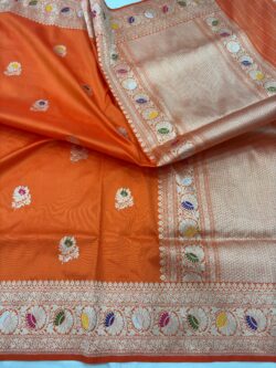 orange pure katan silk banarasi handloom handwoven kadhwa sarees