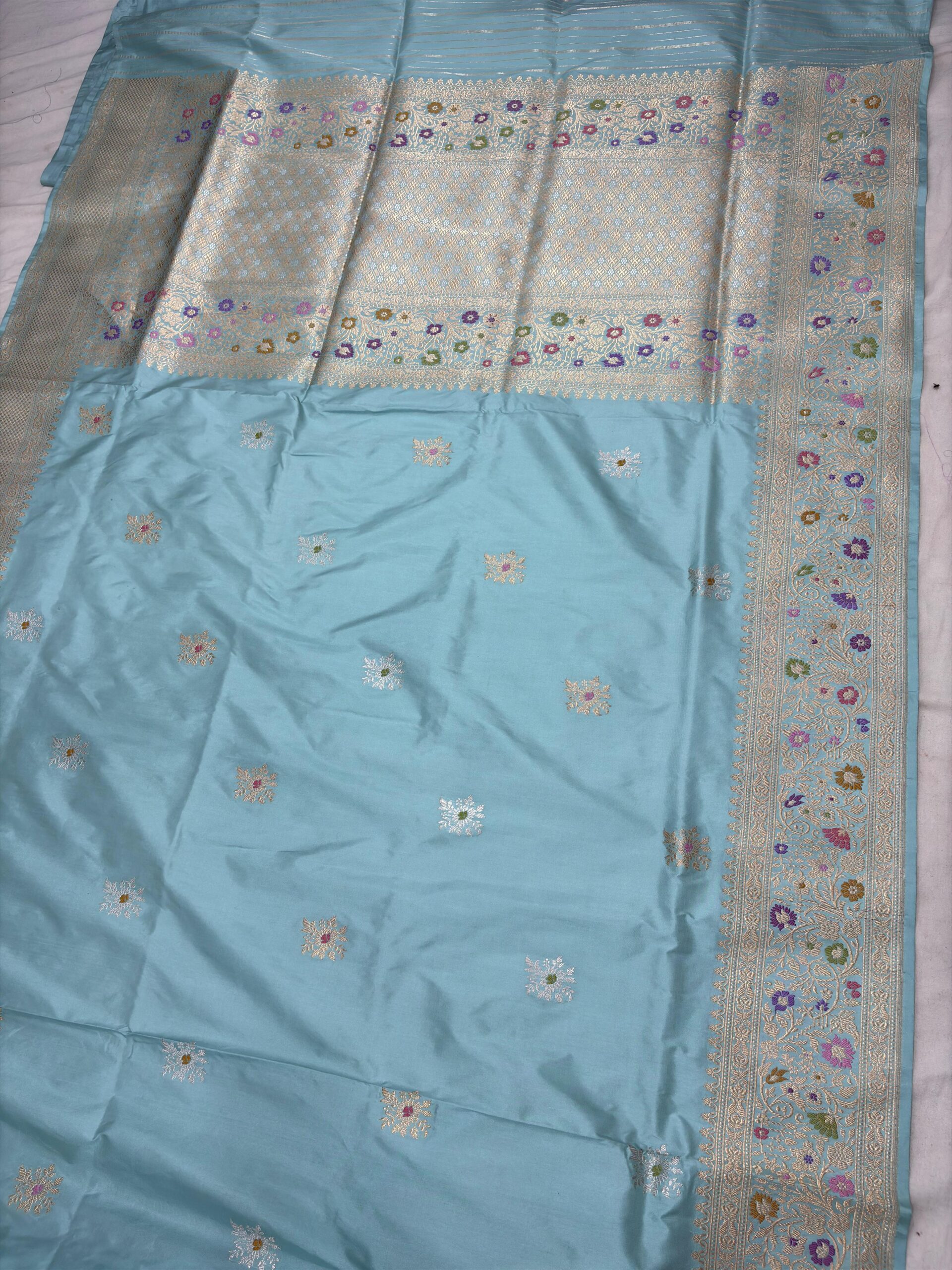 sky blue pure katan silk banarasi handloom handwoven kadhwa sarees - Image 2