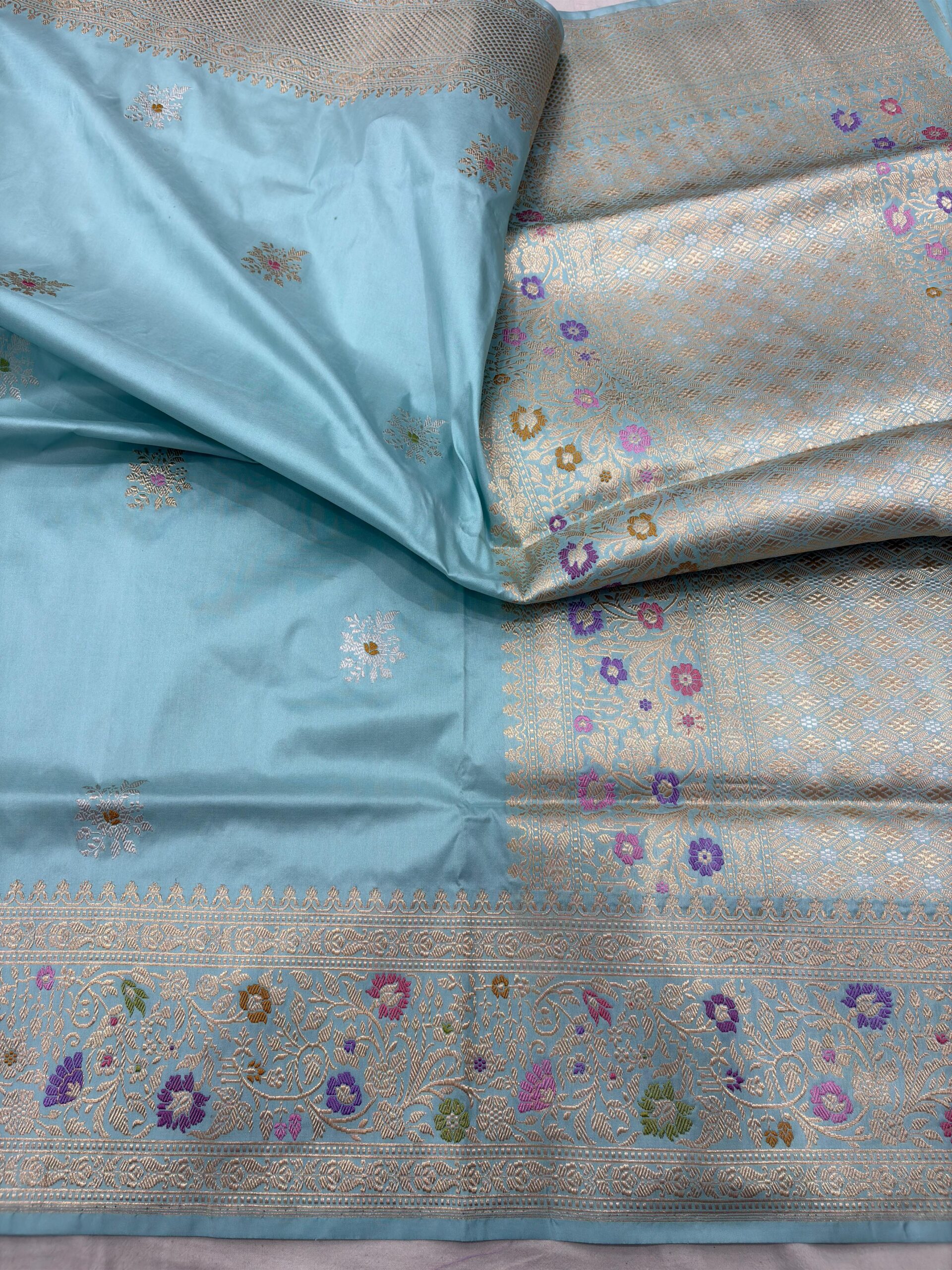 sky blue pure katan silk banarasi handloom handwoven kadhwa sarees