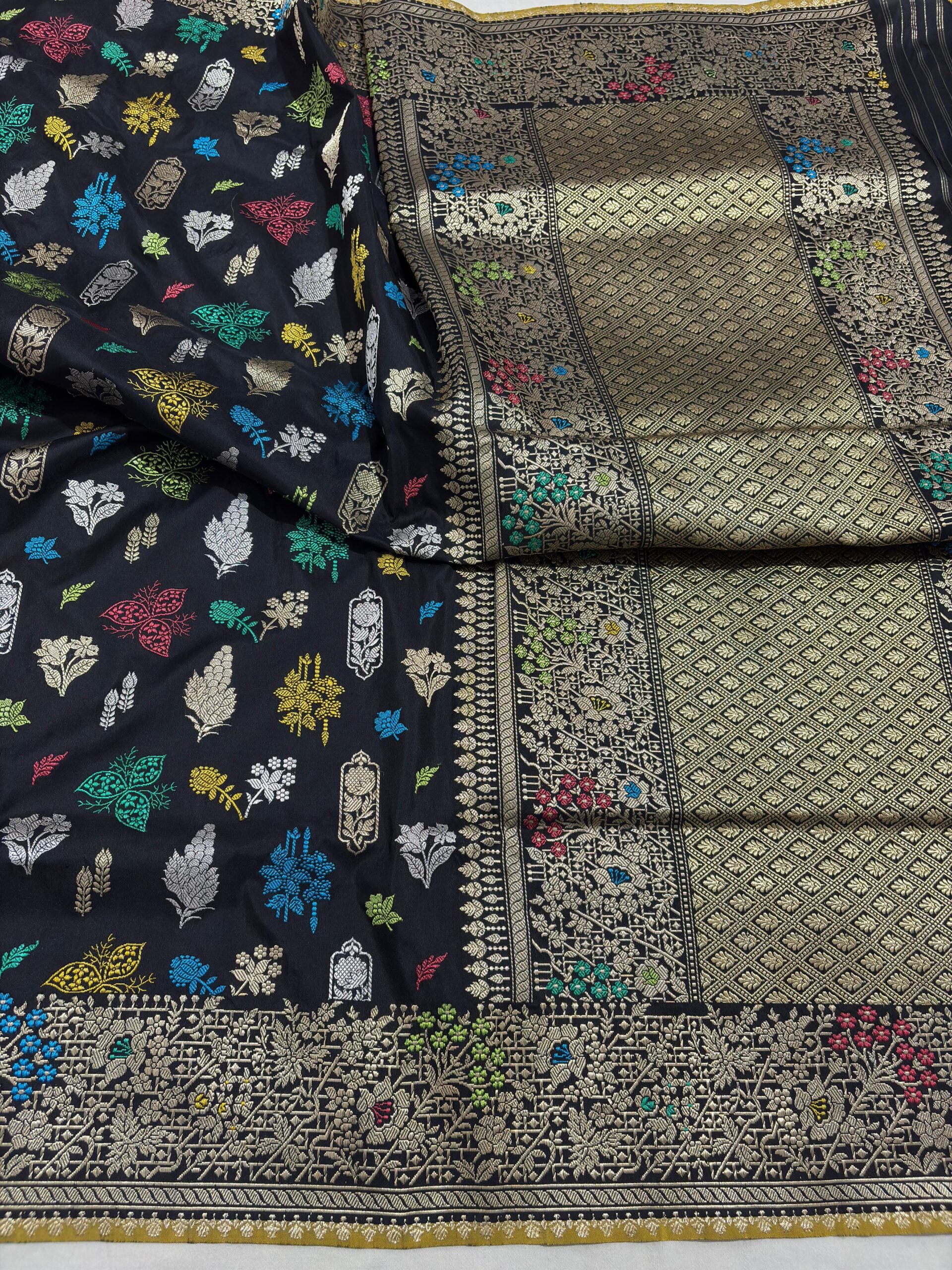 black pure katan silk banarasi handloom handwoven kadhwa sarees