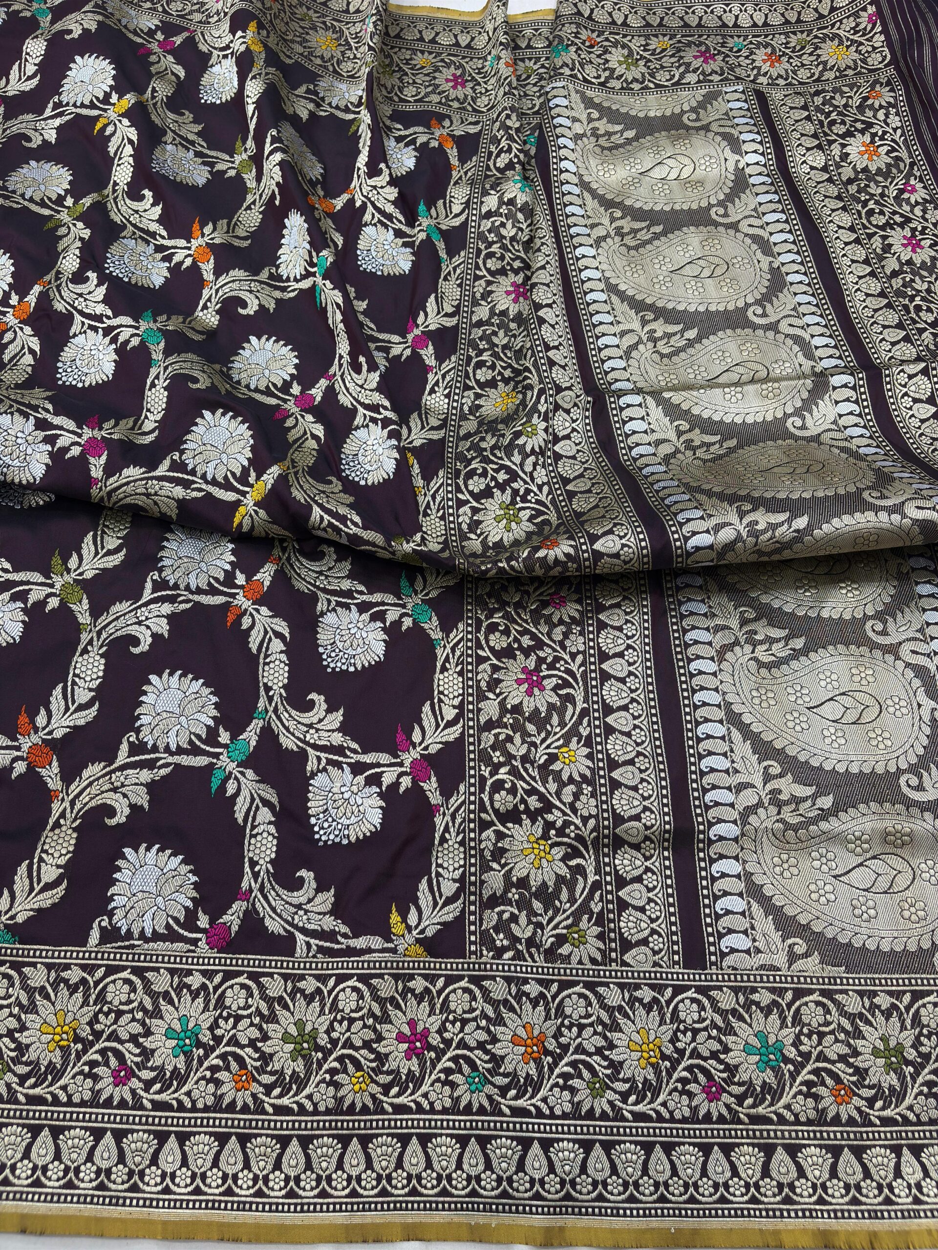 brown shade pure katan silk banarasi handloom handwoven kadhwa jangla sarees