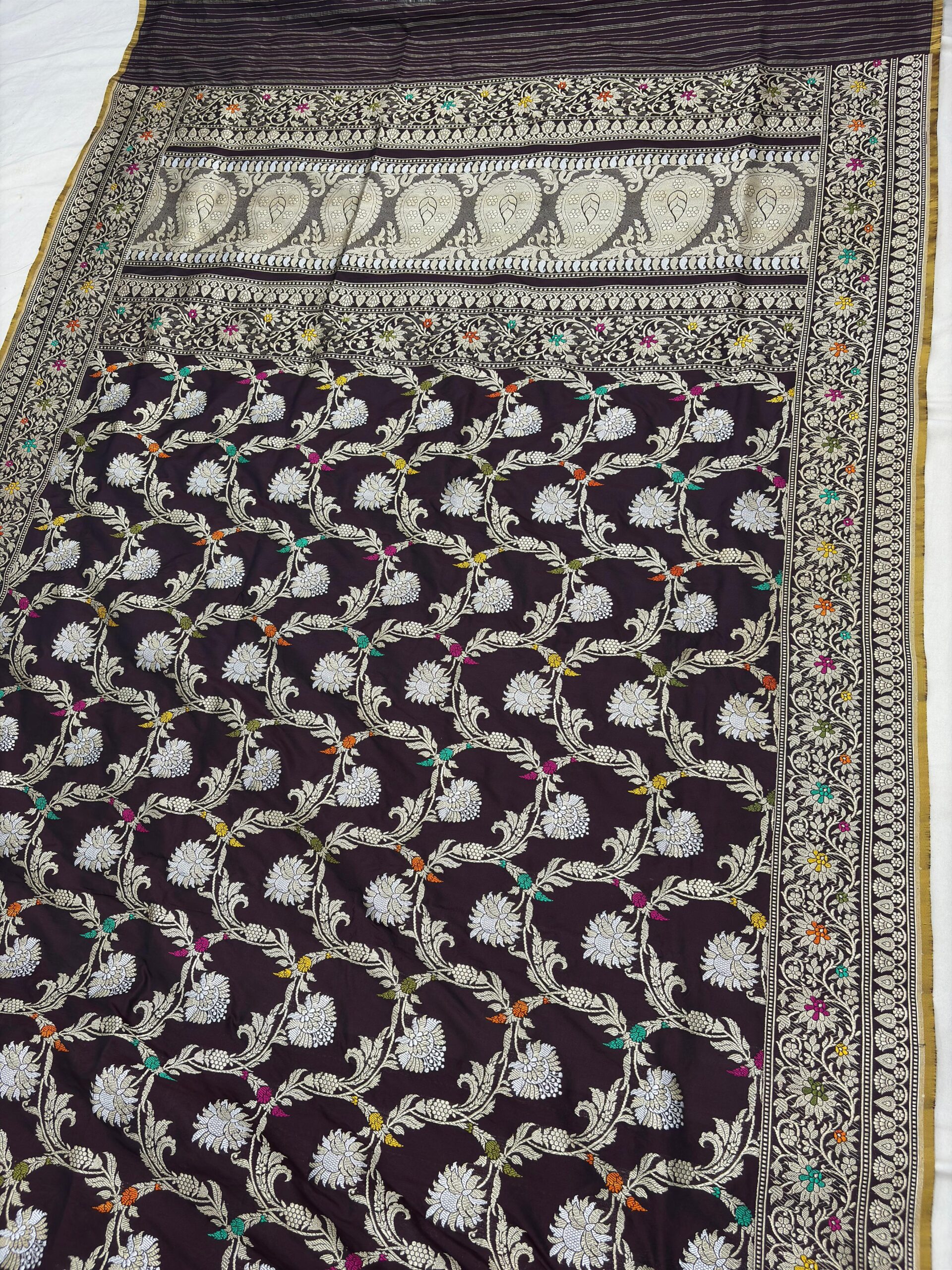 brown shade pure katan silk banarasi handloom handwoven kadhwa jangla sarees - Image 2