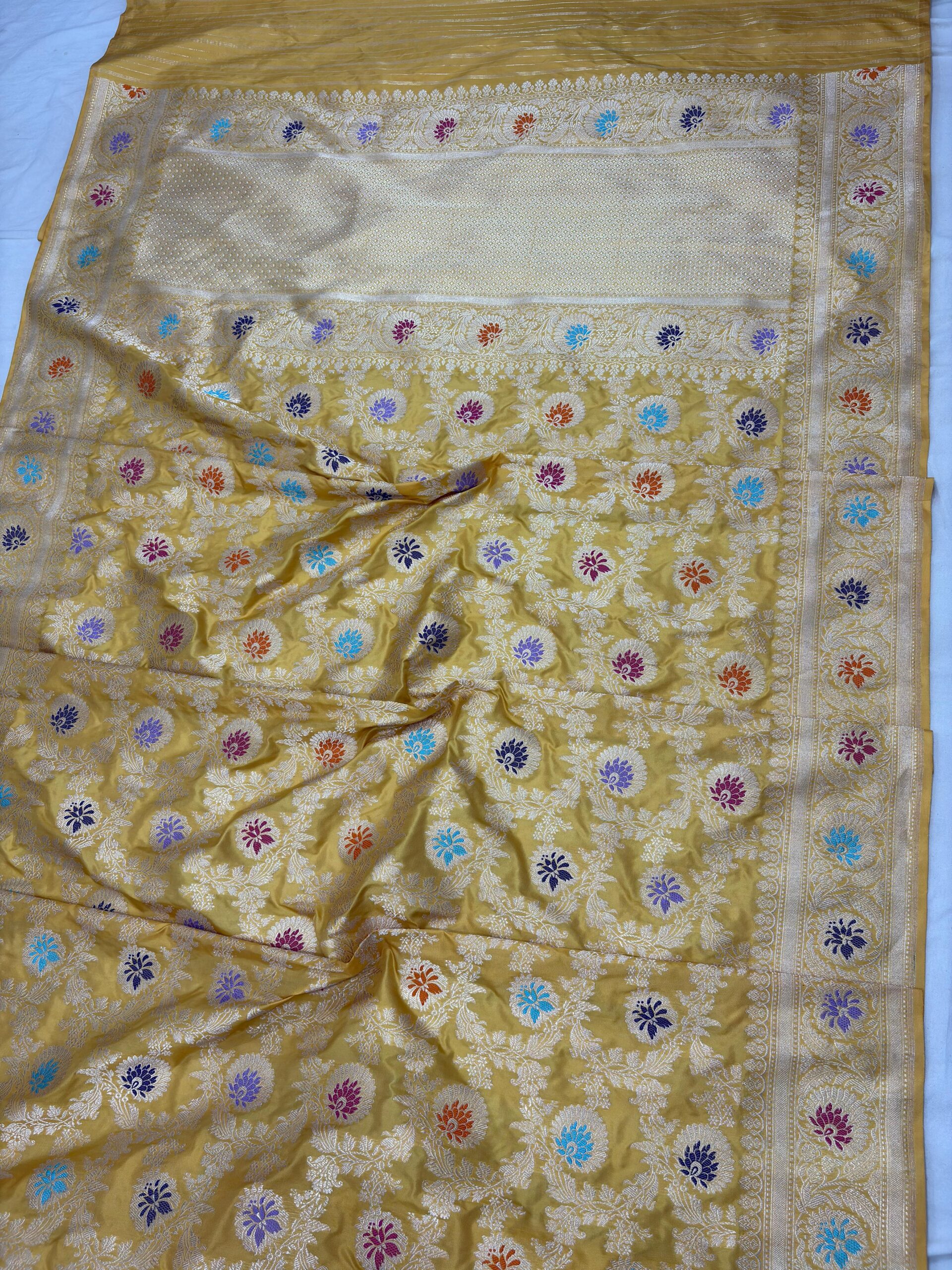 mustard gold pure katan silk banarasi handloom handwoven kadhwa jangla sarees - Image 2