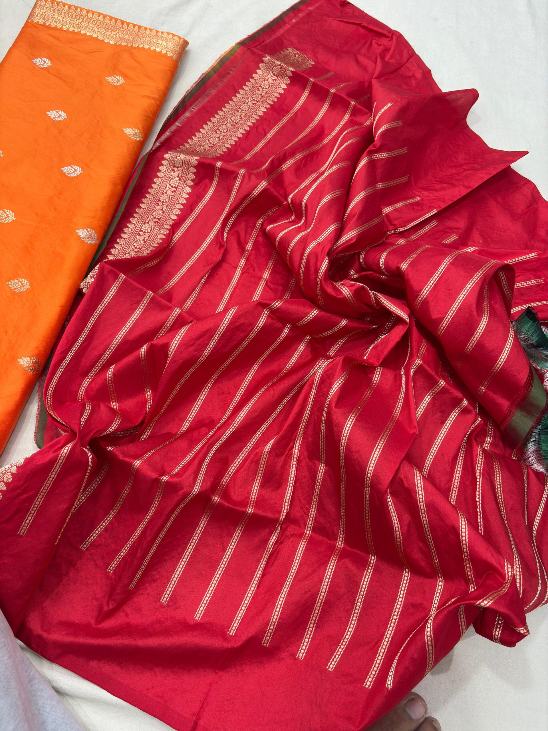 orange pure katan silk banarasi handloom handwoven kadhwa sarees - Image 2