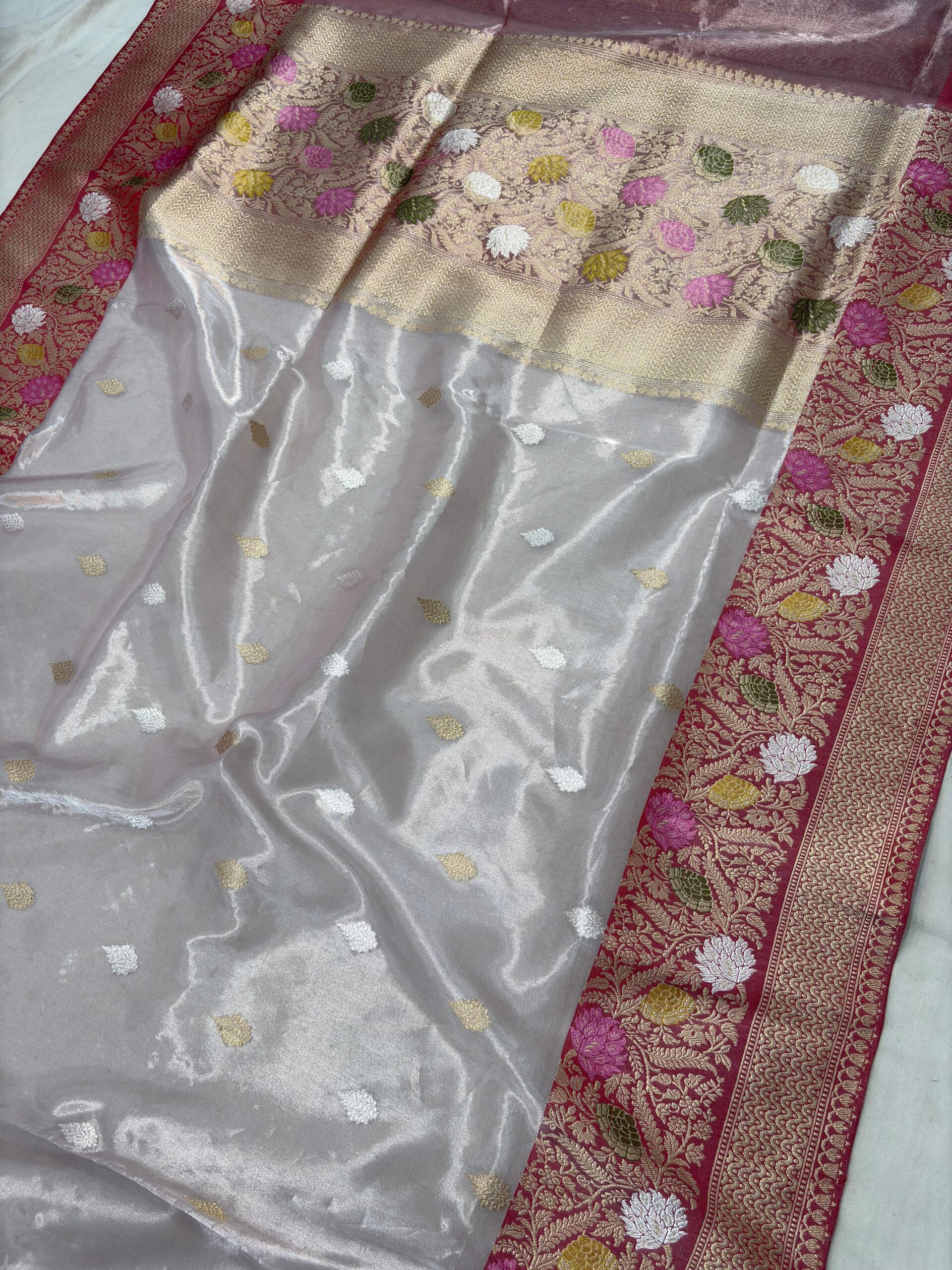 light shade pure kora tissue silk banarasi handloom handwoven kadhwa sarees - Image 2