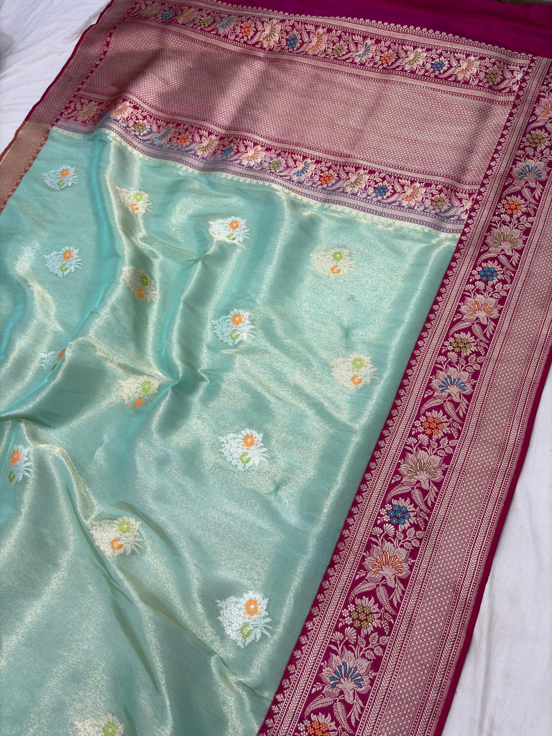 sea green pure tissue silk banarasi handloom handwoven kadhyal sarees, - Image 2