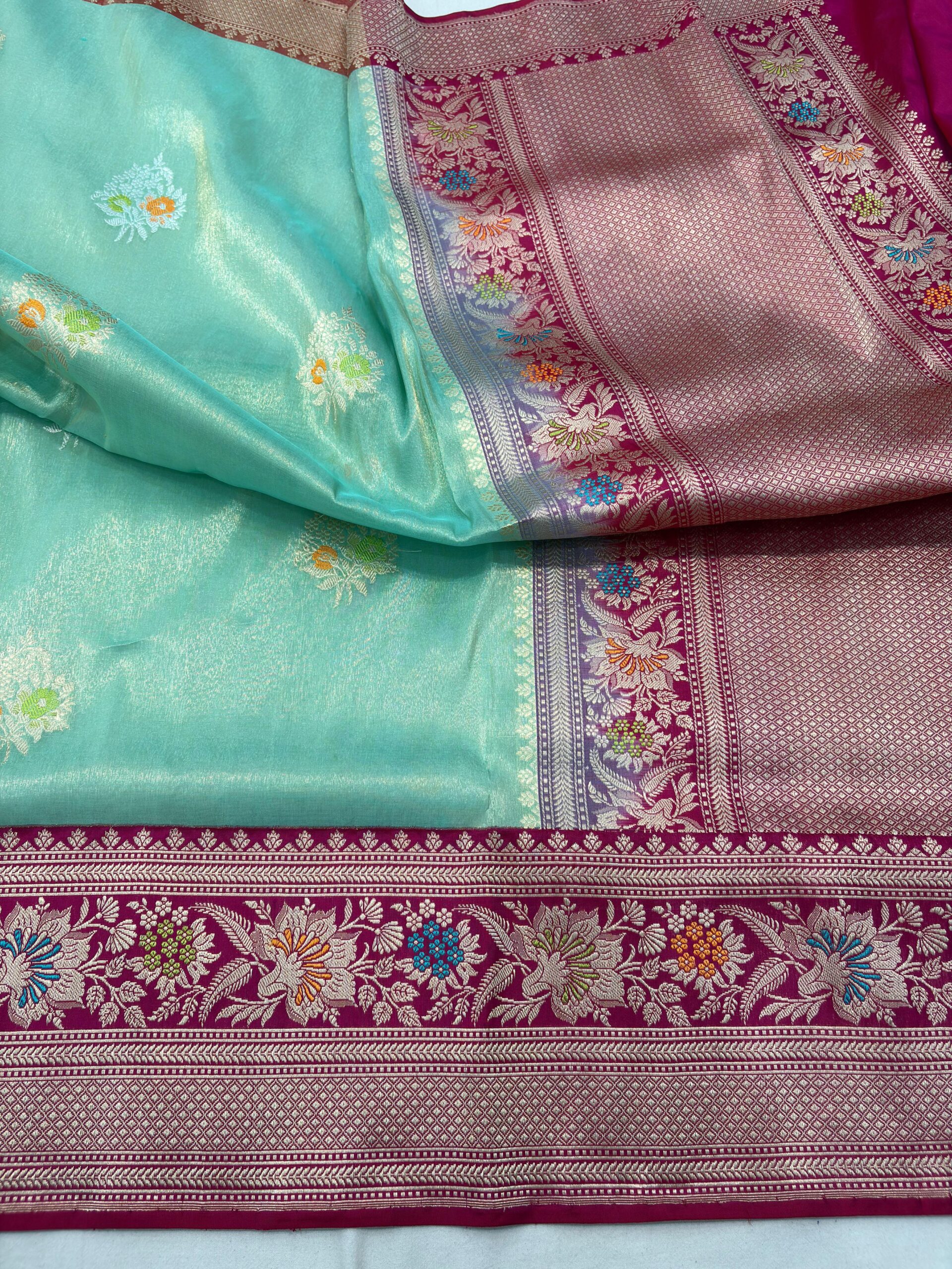 sea green pure tissue silk banarasi handloom handwoven kadhyal sarees,