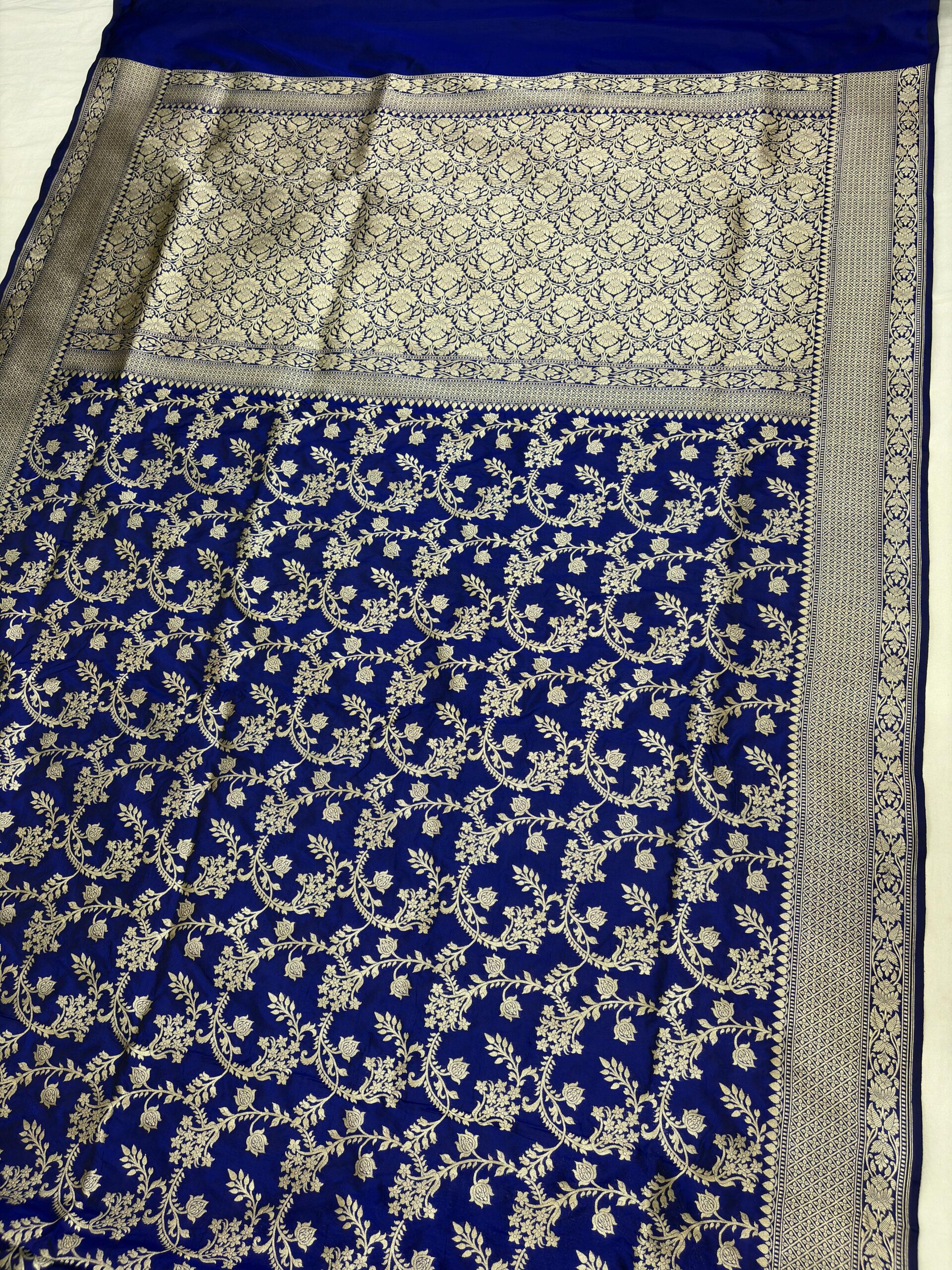 royal blue pure katan silk banarasi handloom handwoven cutwork jaal sarees - Image 2