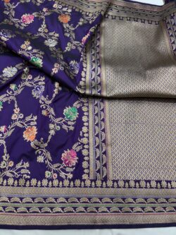purple colour pure katan silk banarasi handloom handwoven kadhwa jangla sarees