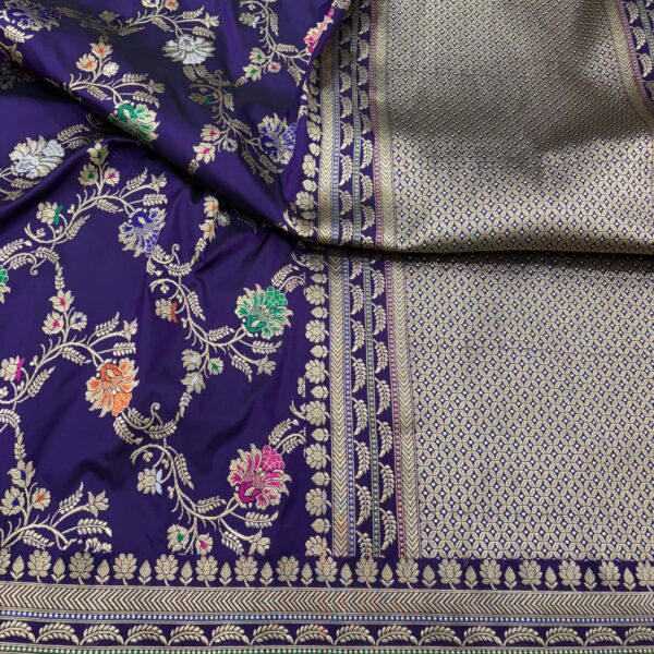 purple colour pure katan silk banarasi handloom handwoven kadhwa jangla sarees