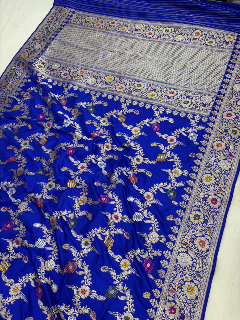 royal blue Pure Katan Silk Banarasi Handwoven Kadhwa Jangla Saree - Image 2