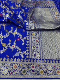 royal blue Pure Katan Silk Banarasi Handwoven Kadhwa Jangla Saree