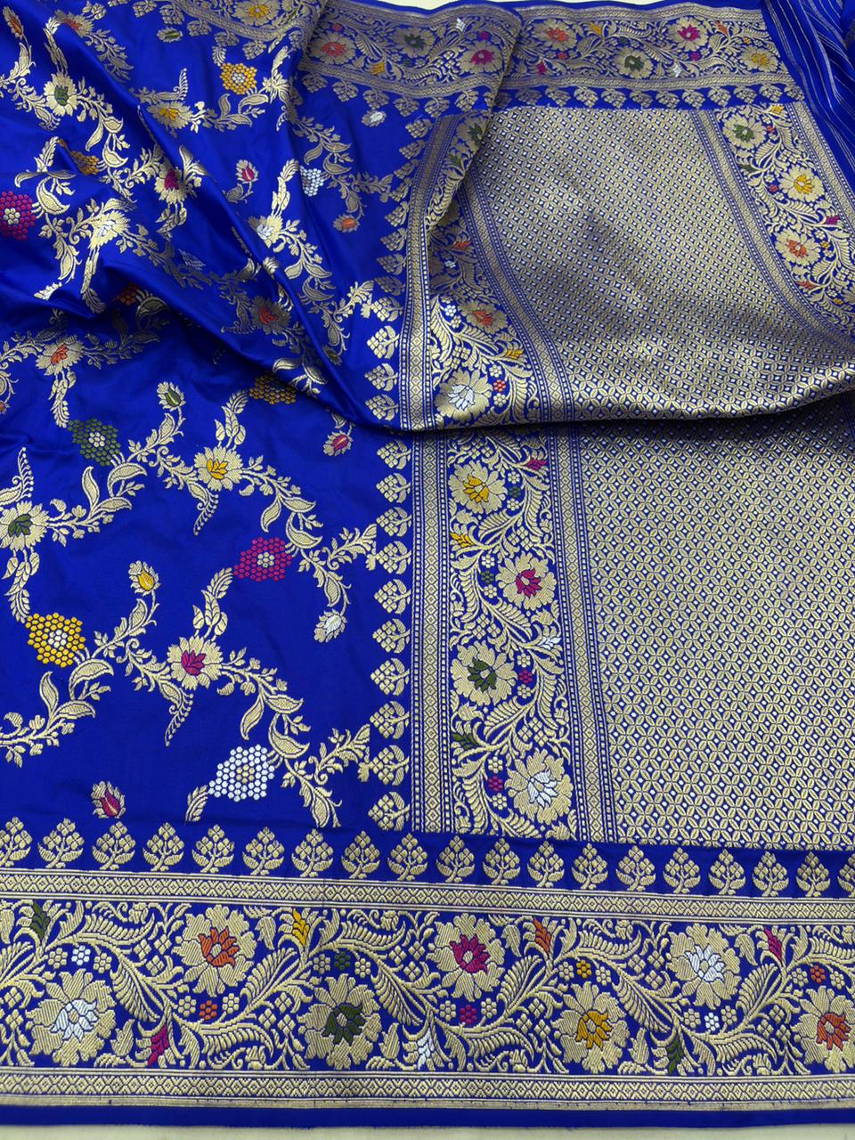 royal blue Pure Katan Silk Banarasi Handwoven Kadhwa Jangla Saree