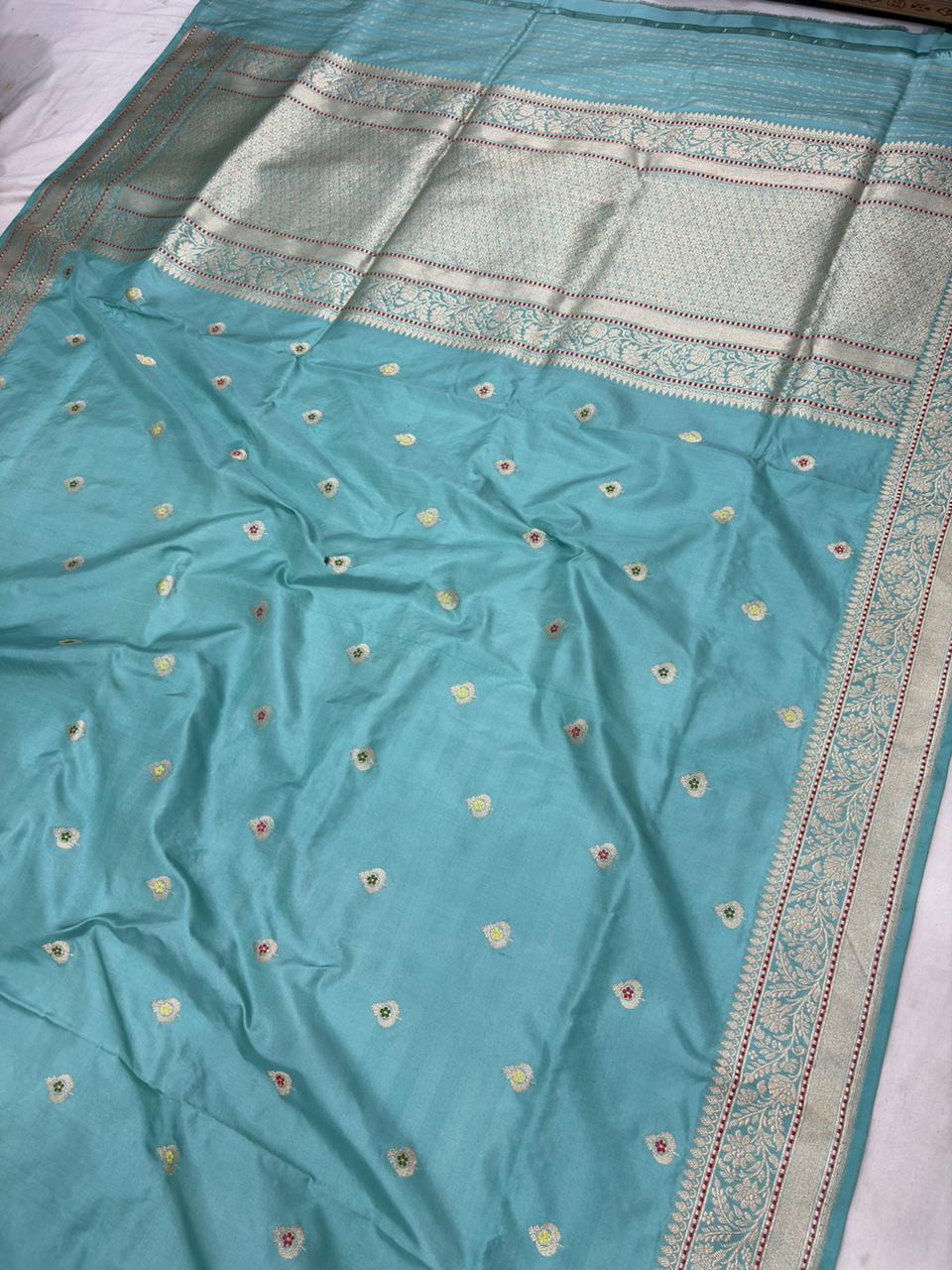 aqua blue pure katan silk banarasi handloom handwoven kadhwa sarees - Image 2