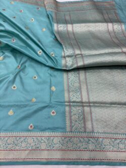 aqua blue pure katan silk banarasi handloom handwoven kadhwa sarees