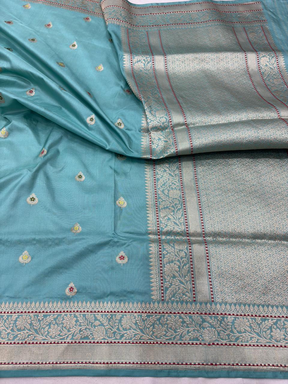 aqua blue pure katan silk banarasi handloom handwoven kadhwa sarees